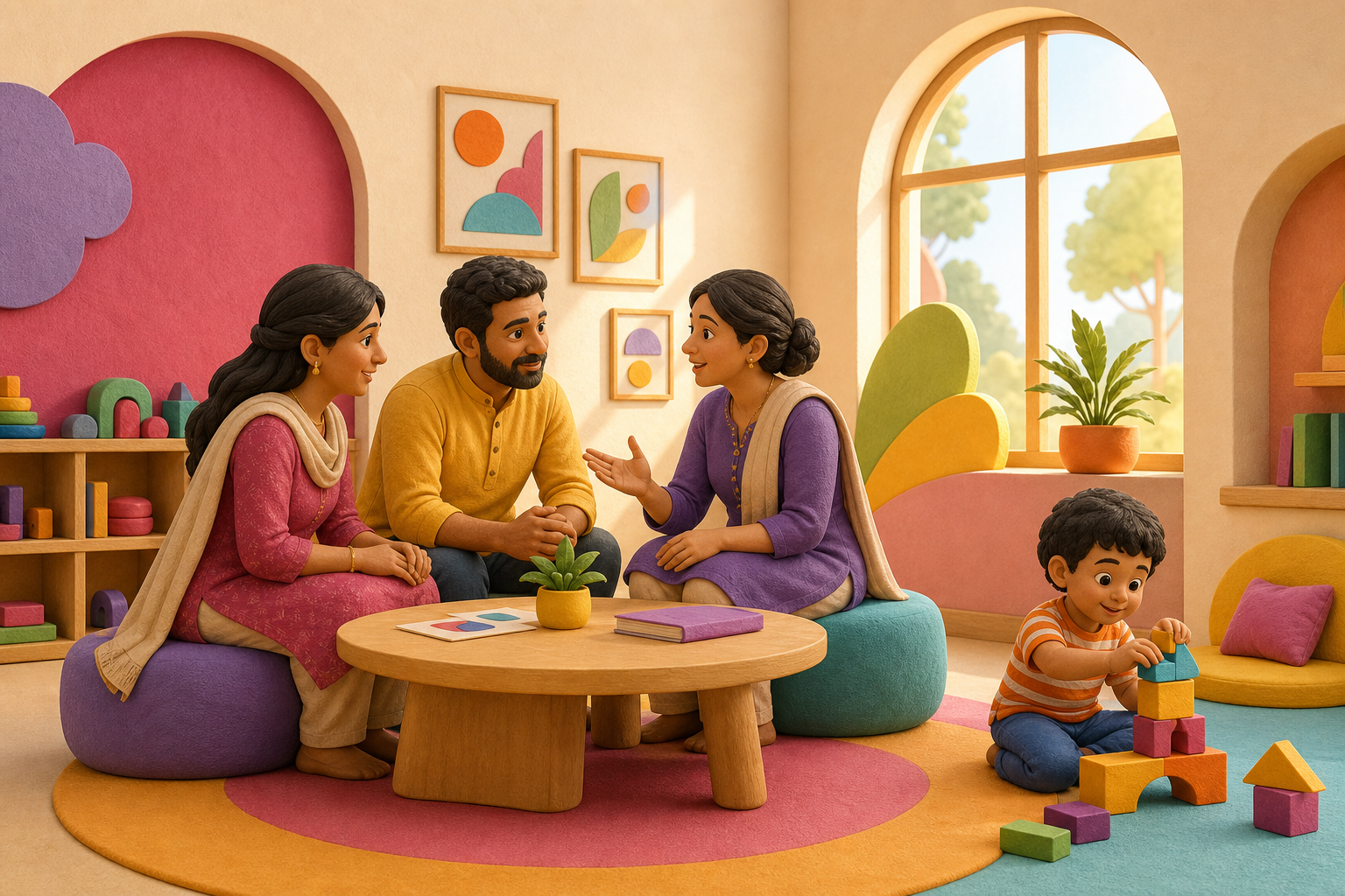 Illustration of parents and an educator having a warm conversation while a child plays nearby